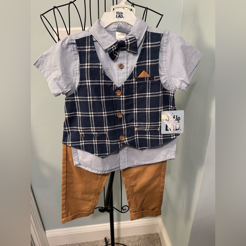 Little Lad Navy Bow tie Button up shirt khaki pants set 24 months 24m baby boy